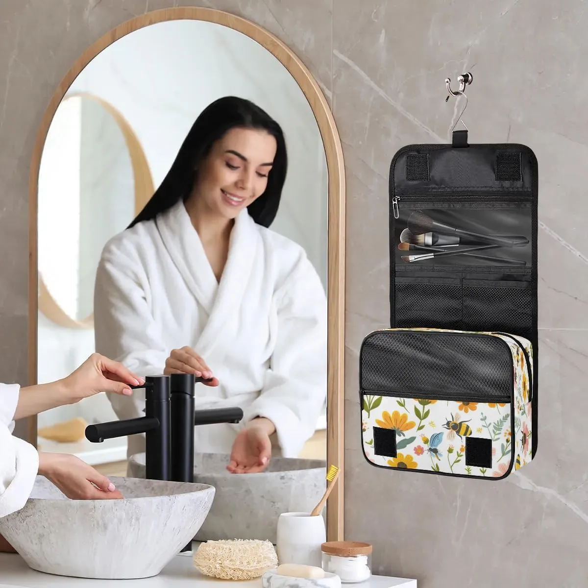 Hanging Travel Toiletry Bag Bees Flowers Toiletry Bags with Hanging Hook Portable Cosmetic Bag Makeup Organizer for Travel Business Trip