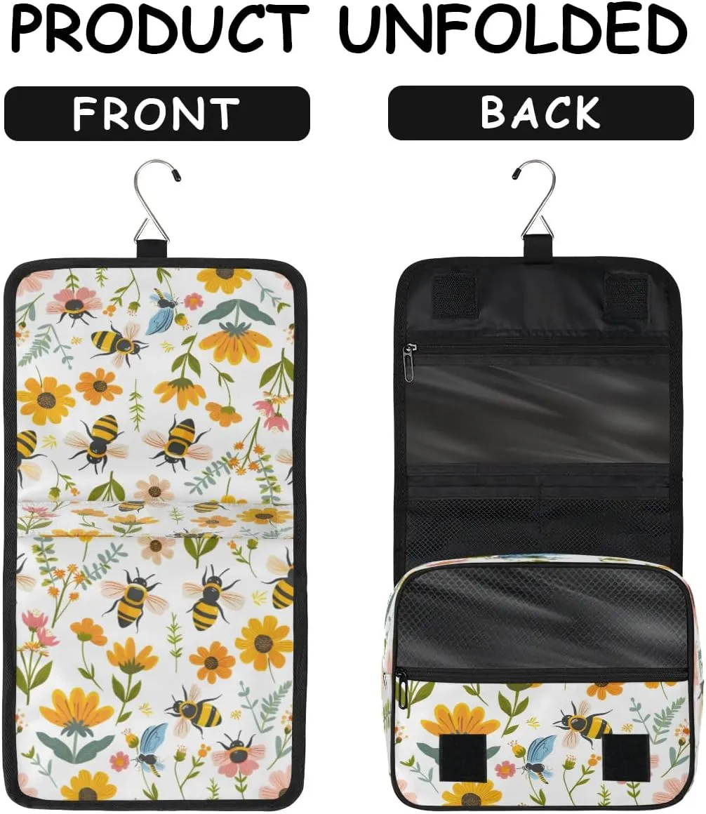 Hanging Travel Toiletry Bag Bees Flowers Toiletry Bags with Hanging Hook Portable Cosmetic Bag Makeup Organizer for Travel Business Trip