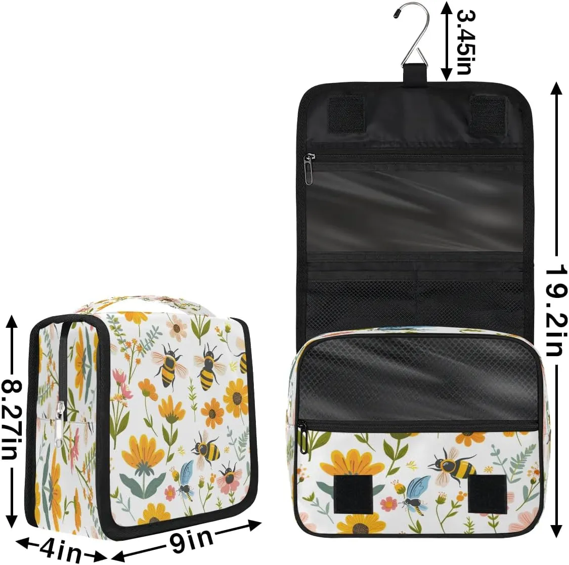 Hanging Travel Toiletry Bag Bees Flowers Toiletry Bags with Hanging Hook Portable Cosmetic Bag Makeup Organizer for Travel Business Trip