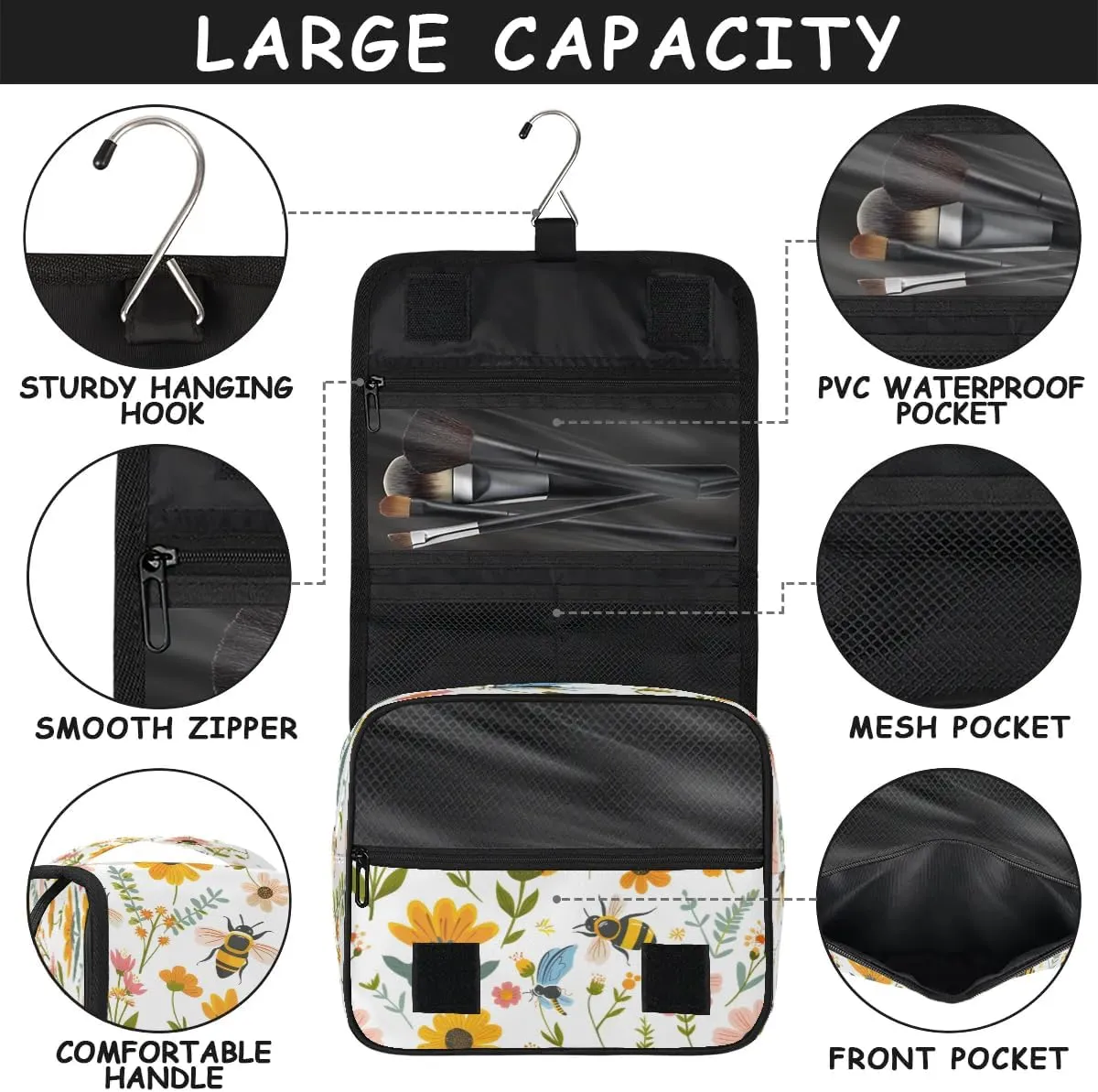 Hanging Travel Toiletry Bag Bees Flowers Toiletry Bags with Hanging Hook Portable Cosmetic Bag Makeup Organizer for Travel Business Trip