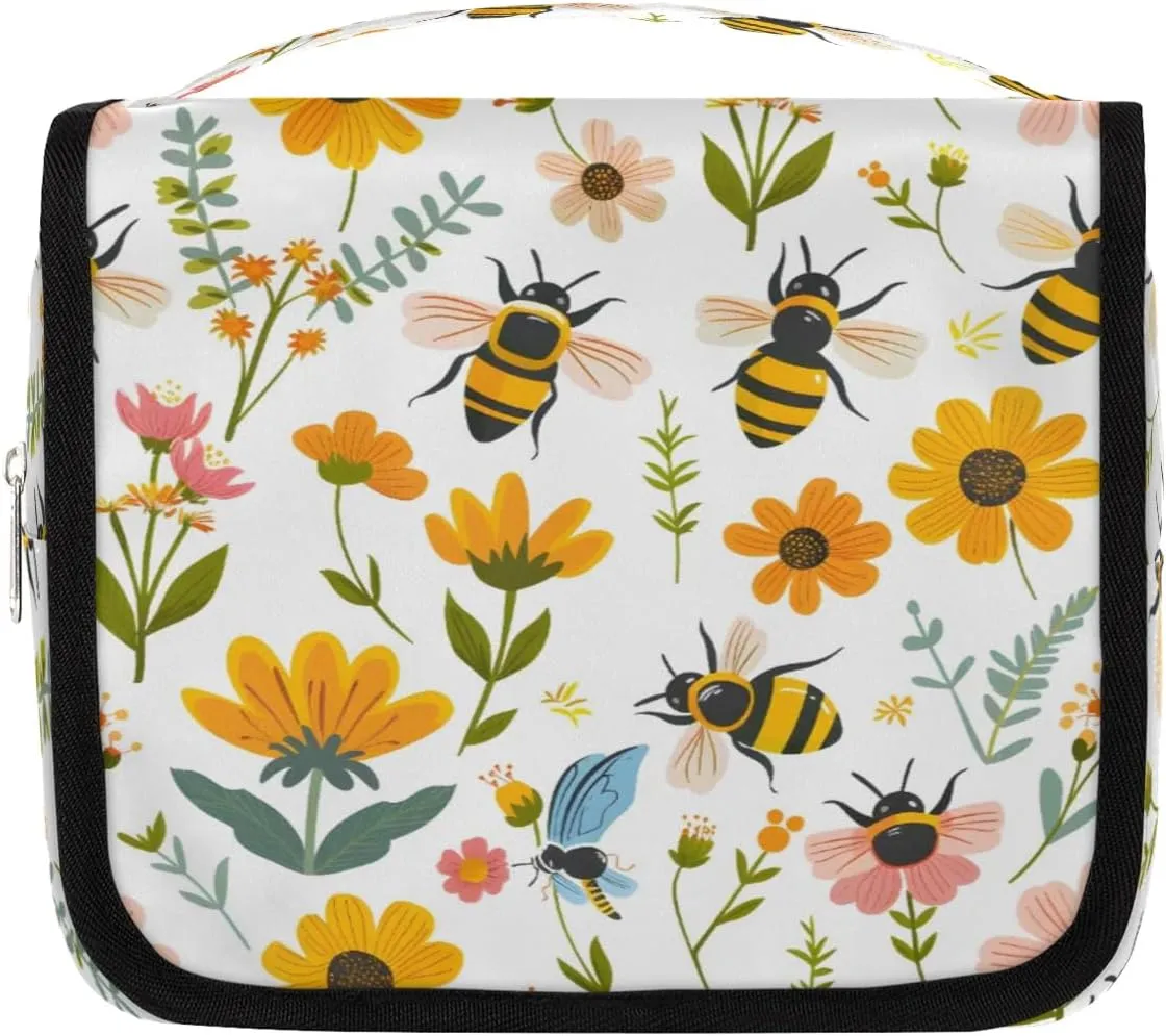 Hanging Travel Toiletry Bag Bees Flowers Toiletry Bags with Hanging Hook Portable Cosmetic Bag Makeup Organizer for Travel Business Trip