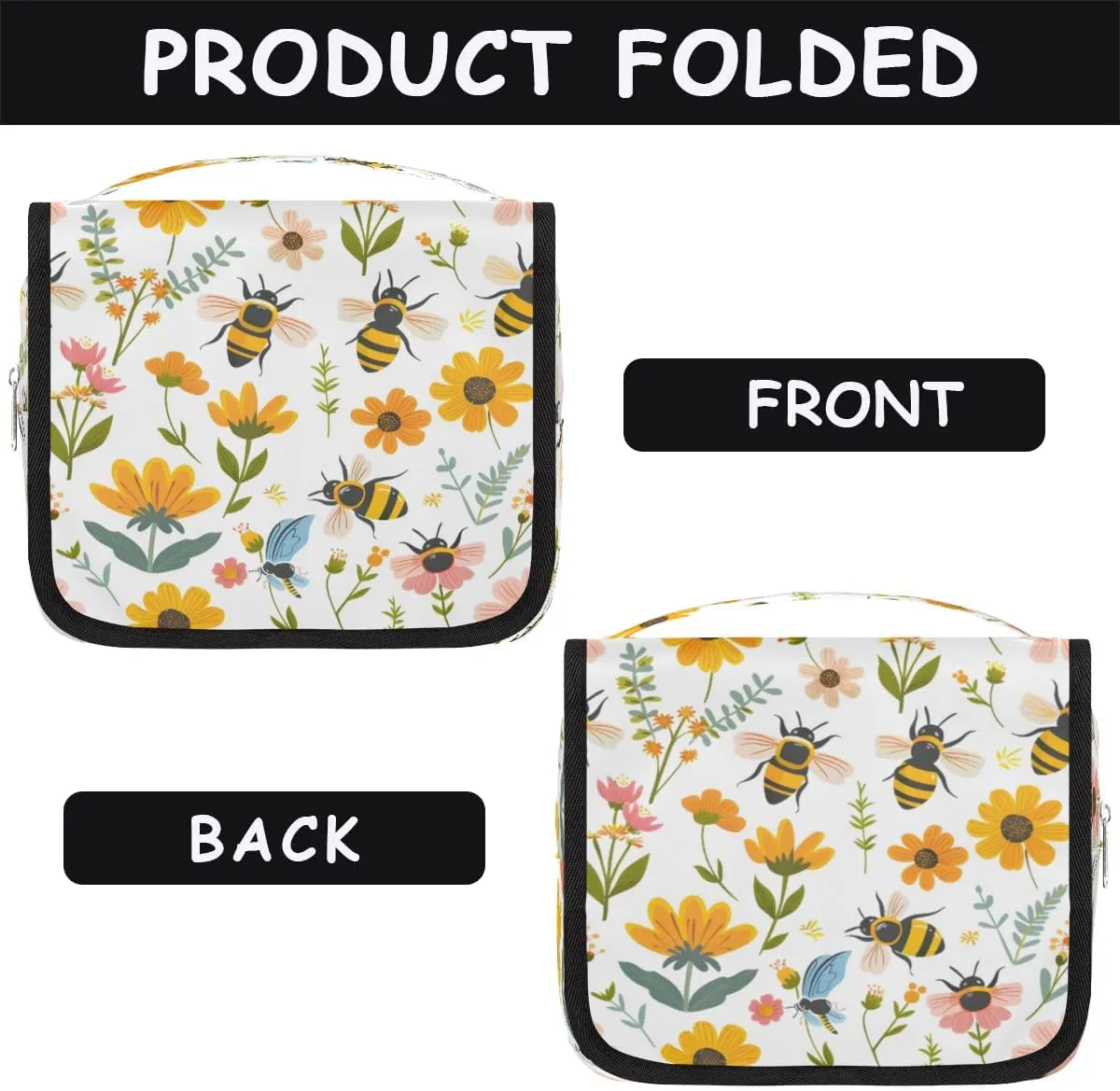 Hanging Travel Toiletry Bag Bees Flowers Toiletry Bags with Hanging Hook Portable Cosmetic Bag Makeup Organizer for Travel Business Trip