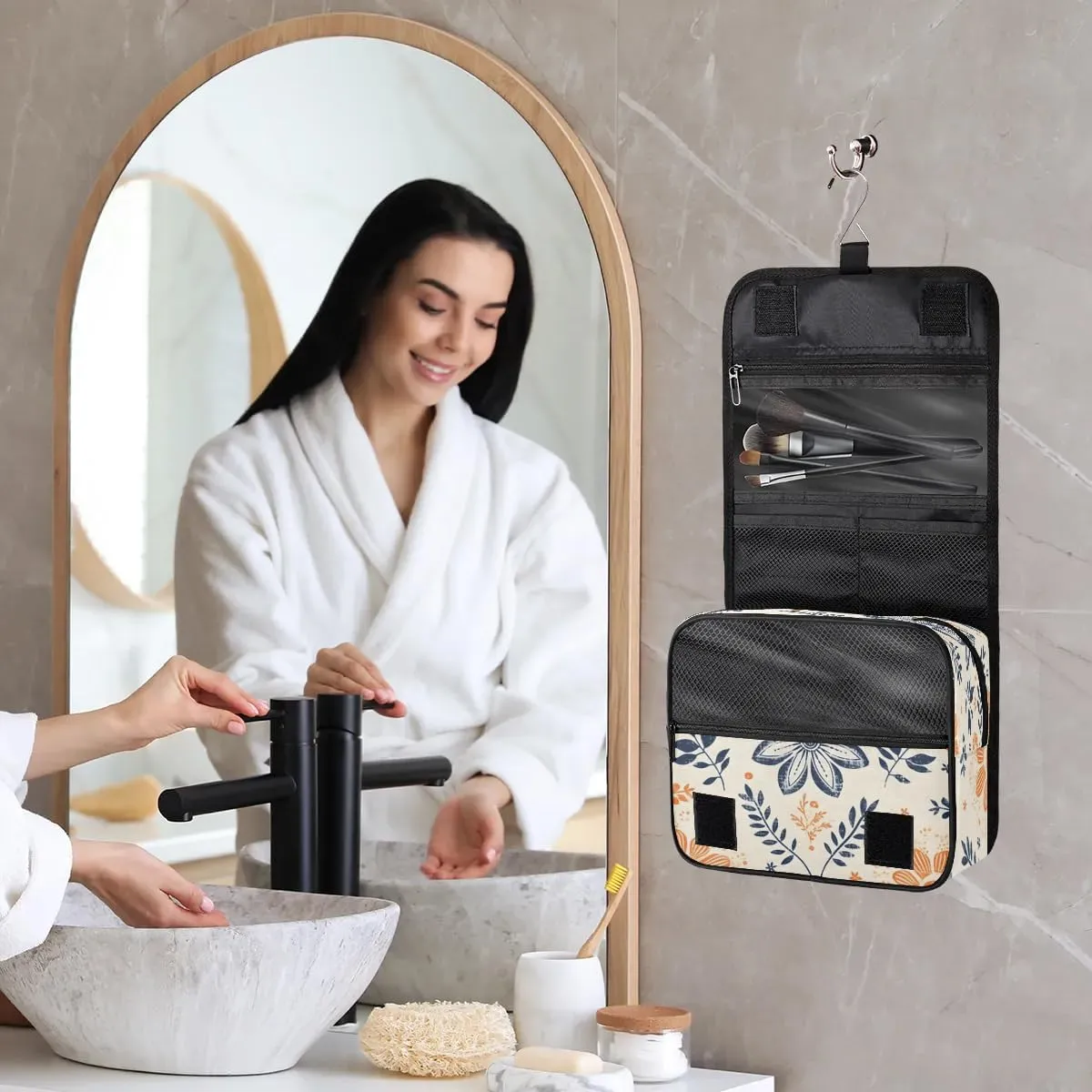 Hanging Travel Toiletry Bag Boho Flowers Toiletry Bags with Hanging Hook Portable Cosmetic Bag Makeup Organizer for Travel Business Trip