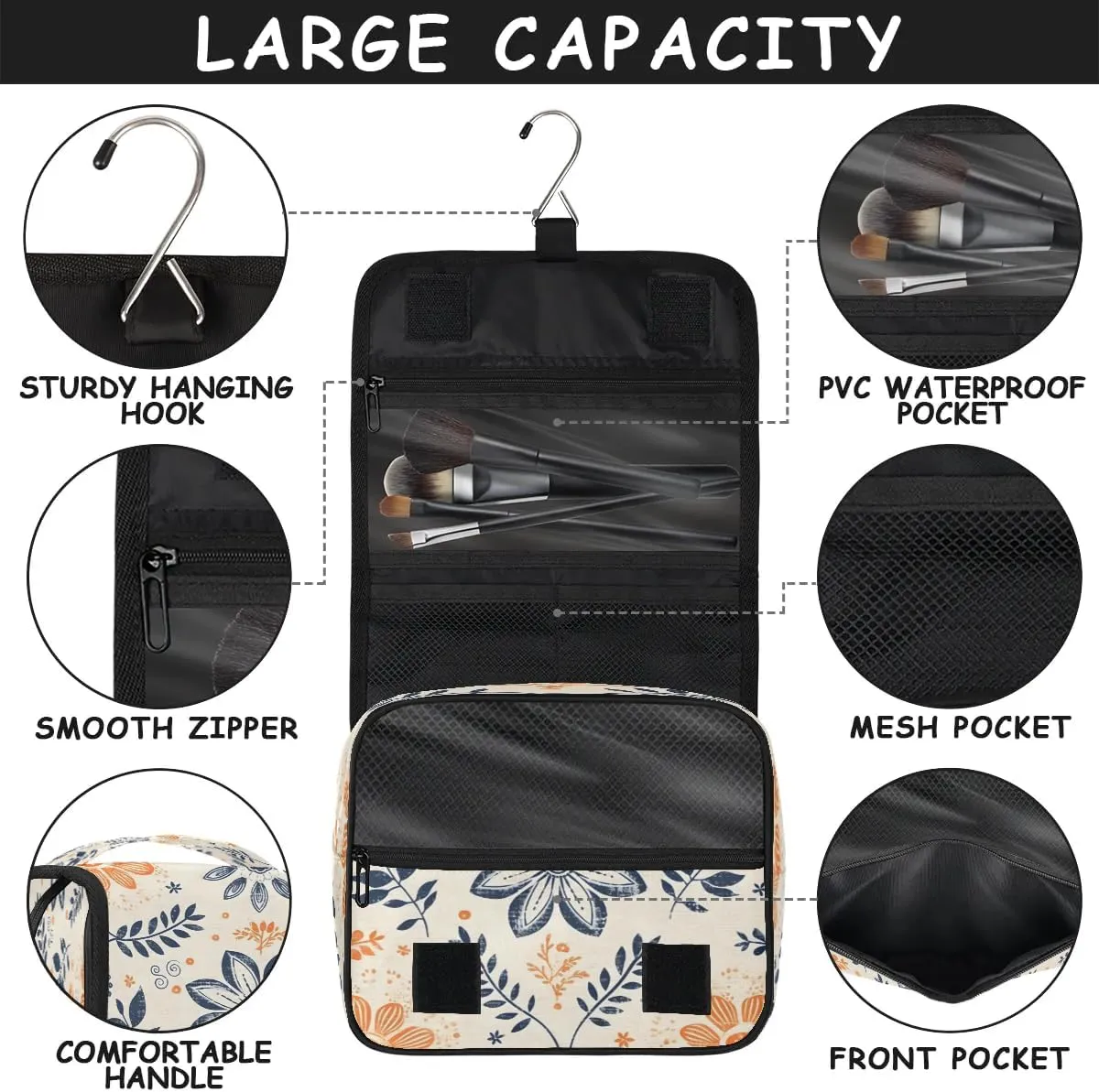 Hanging Travel Toiletry Bag Boho Flowers Toiletry Bags with Hanging Hook Portable Cosmetic Bag Makeup Organizer for Travel Business Trip