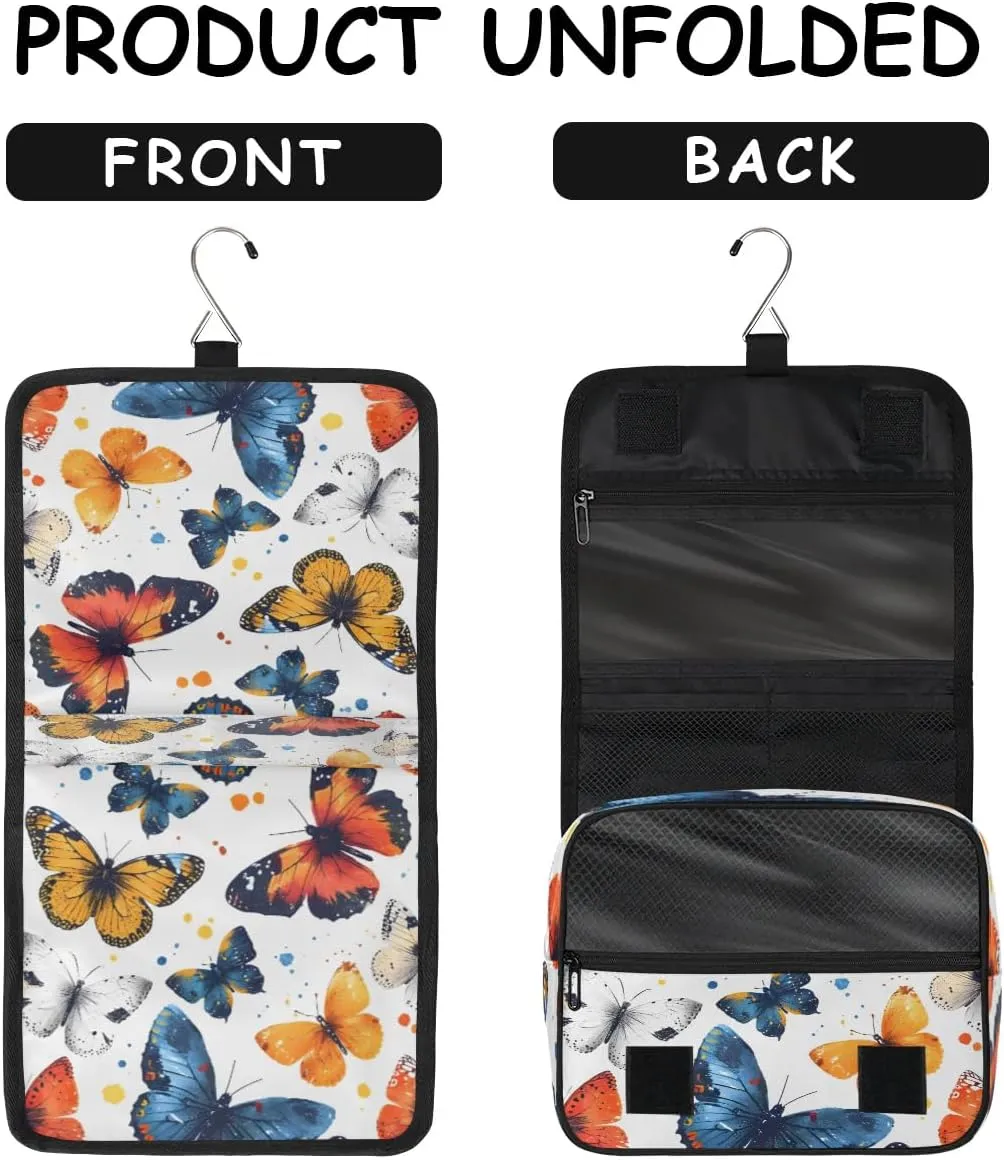 Hanging Travel Toiletry Bag Butterfly Watercolor Toiletry Bags with Hanging Hook Portable Cosmetic Bag Makeup Organizer for Travel Business Trip