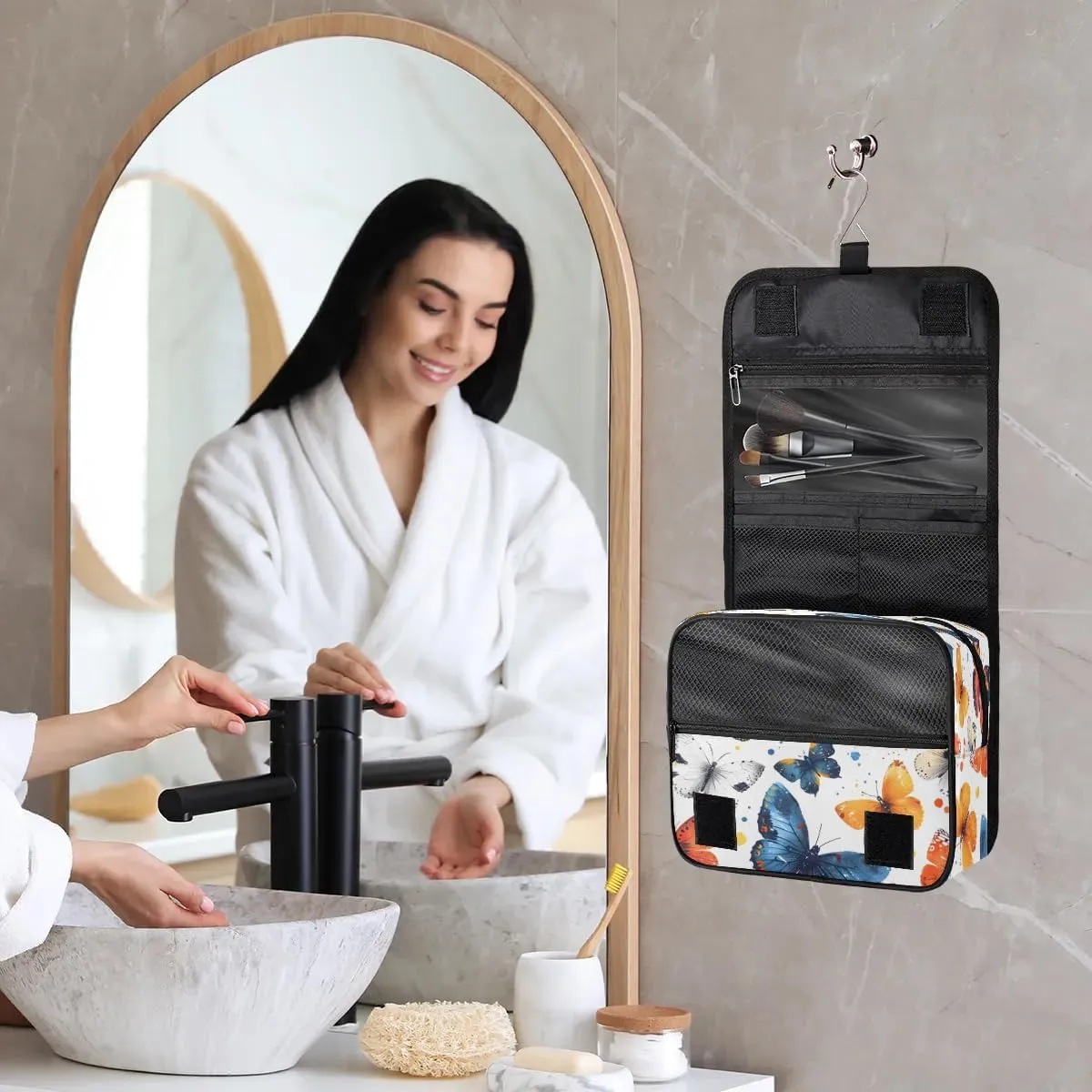 Hanging Travel Toiletry Bag Butterfly Watercolor Toiletry Bags with Hanging Hook Portable Cosmetic Bag Makeup Organizer for Travel Business Trip