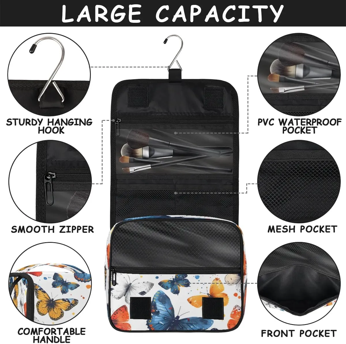 Hanging Travel Toiletry Bag Butterfly Watercolor Toiletry Bags with Hanging Hook Portable Cosmetic Bag Makeup Organizer for Travel Business Trip