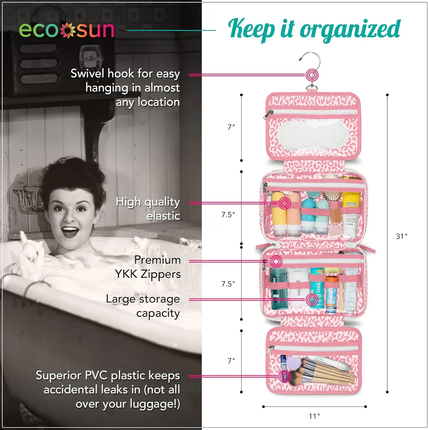 Hanging Travel Toiletry Bag — Designed in Hawaii — Water-resistant Travel Organizer for Bathroom Accessories