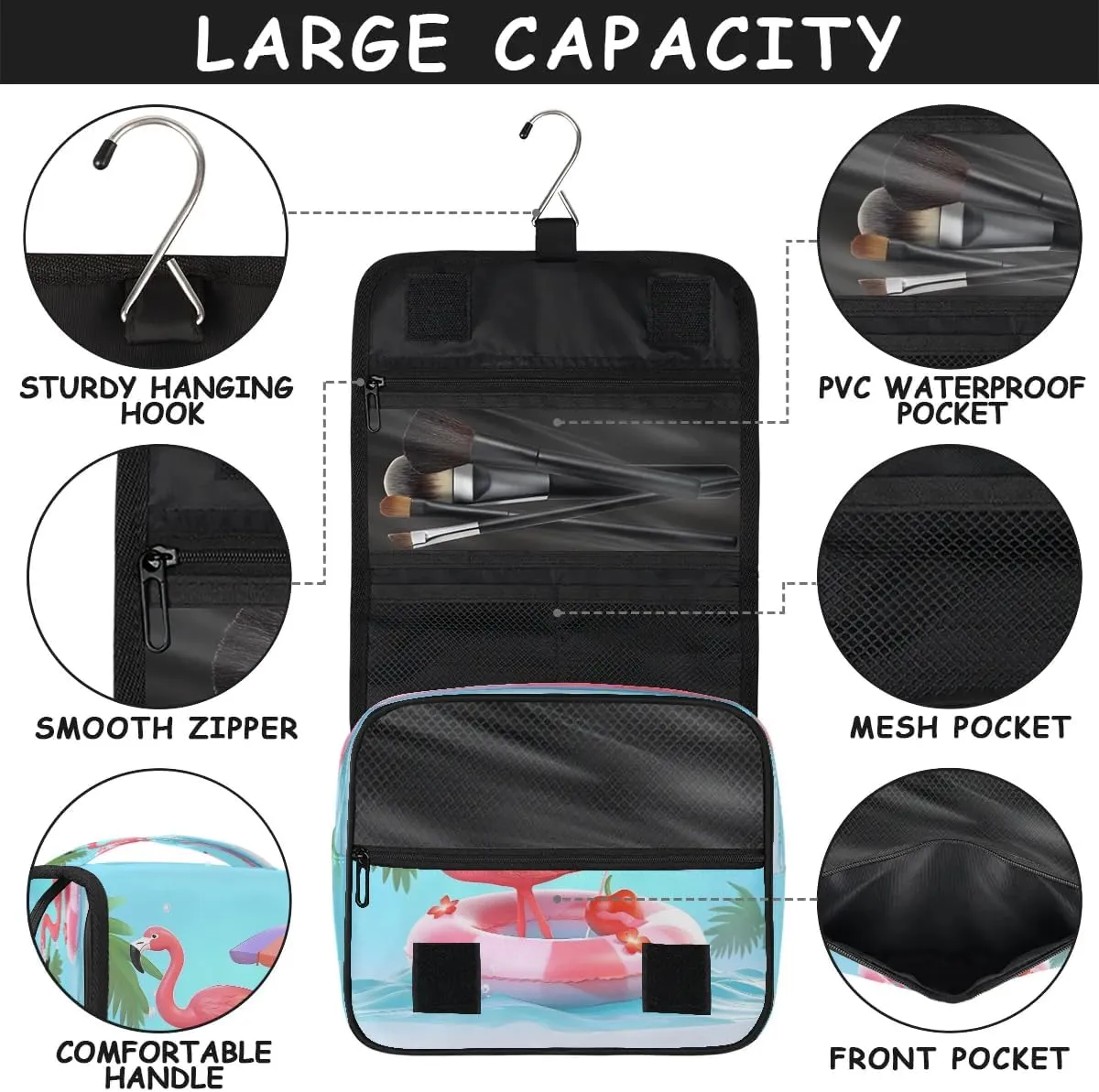 Hanging Travel Toiletry Bag Flamingo Beach Toiletry Bags with Hanging Hook Portable Cosmetic Bag Makeup Organizer for Travel Business Trip