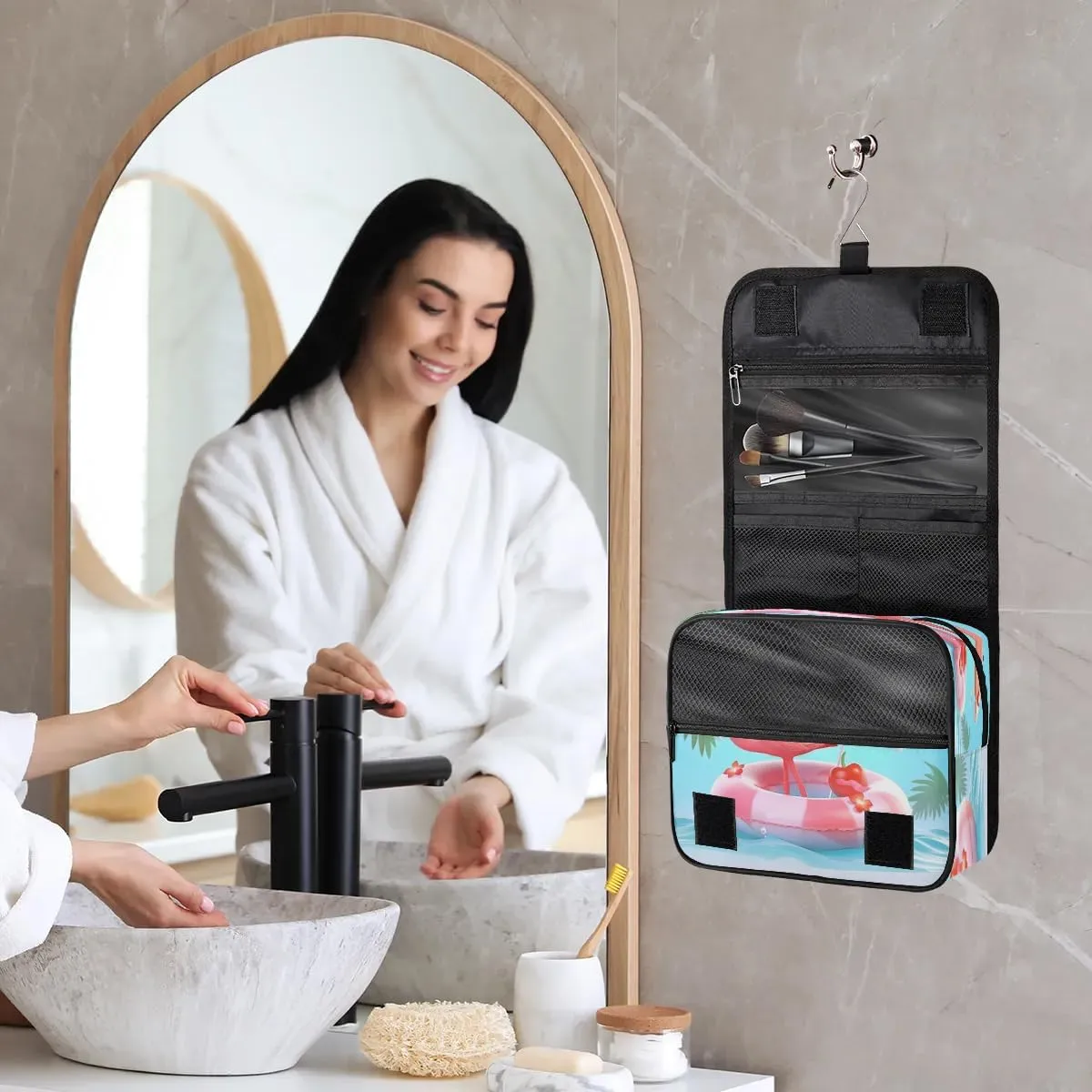 Hanging Travel Toiletry Bag Flamingo Beach Toiletry Bags with Hanging Hook Portable Cosmetic Bag Makeup Organizer for Travel Business Trip