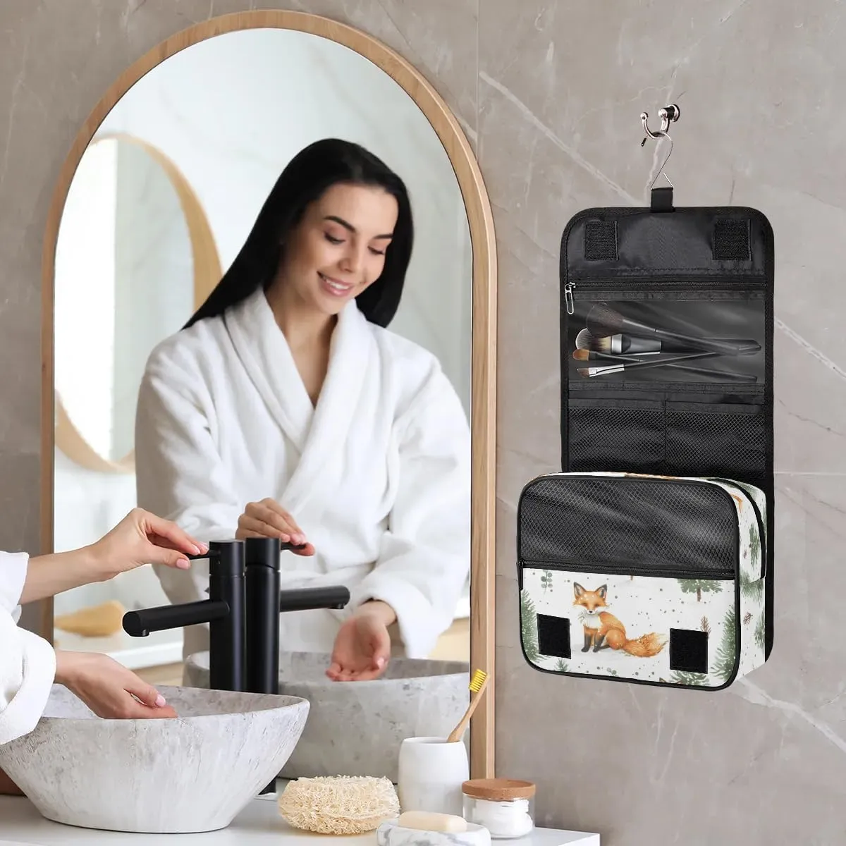 Hanging Travel Toiletry Bag Foxes Trees Toiletry Bags with Hanging Hook Portable Cosmetic Bag Makeup Organizer for Travel Business Trip