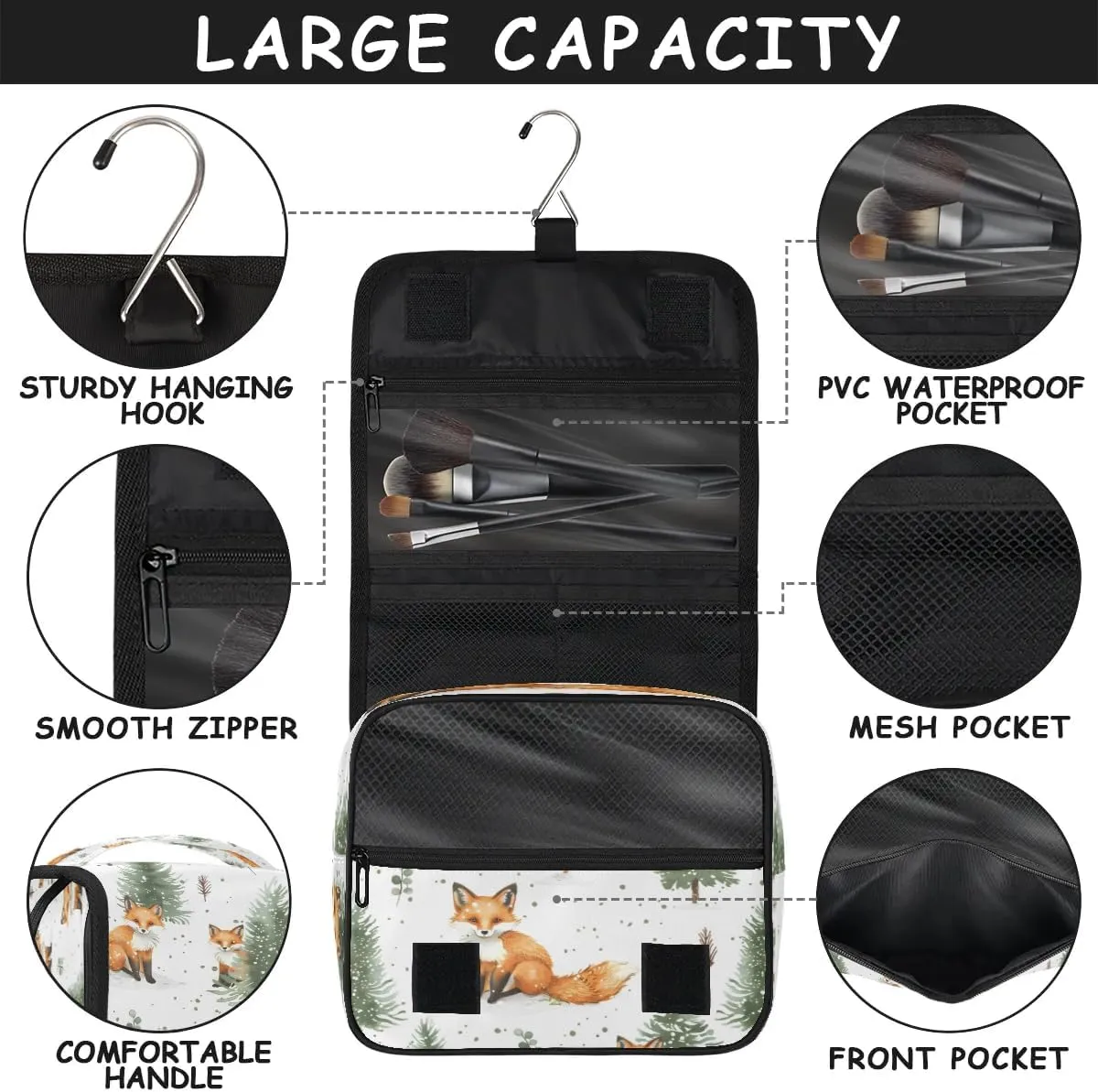 Hanging Travel Toiletry Bag Foxes Trees Toiletry Bags with Hanging Hook Portable Cosmetic Bag Makeup Organizer for Travel Business Trip