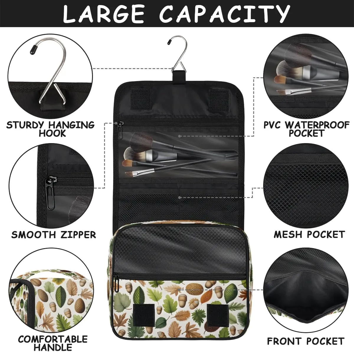 Hanging Travel Toiletry Bag Leaves Acorn Fruit Toiletry Bags with Hanging Hook Portable Cosmetic Bag Makeup Organizer for Travel Business Trip