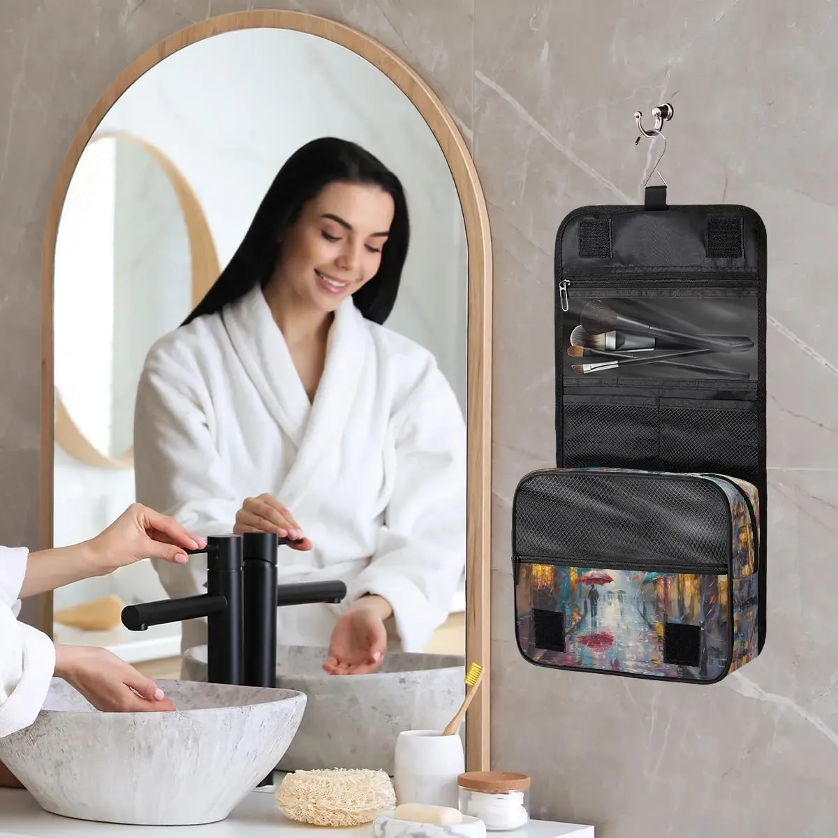 Hanging Travel Toiletry Bag Oil Painting Tower Toiletry Bags with Hanging Hook Portable Cosmetic Bag Makeup Organizer for Travel Business Trip