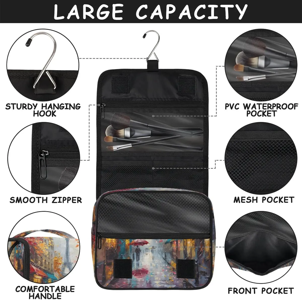 Hanging Travel Toiletry Bag Oil Painting Tower Toiletry Bags with Hanging Hook Portable Cosmetic Bag Makeup Organizer for Travel Business Trip