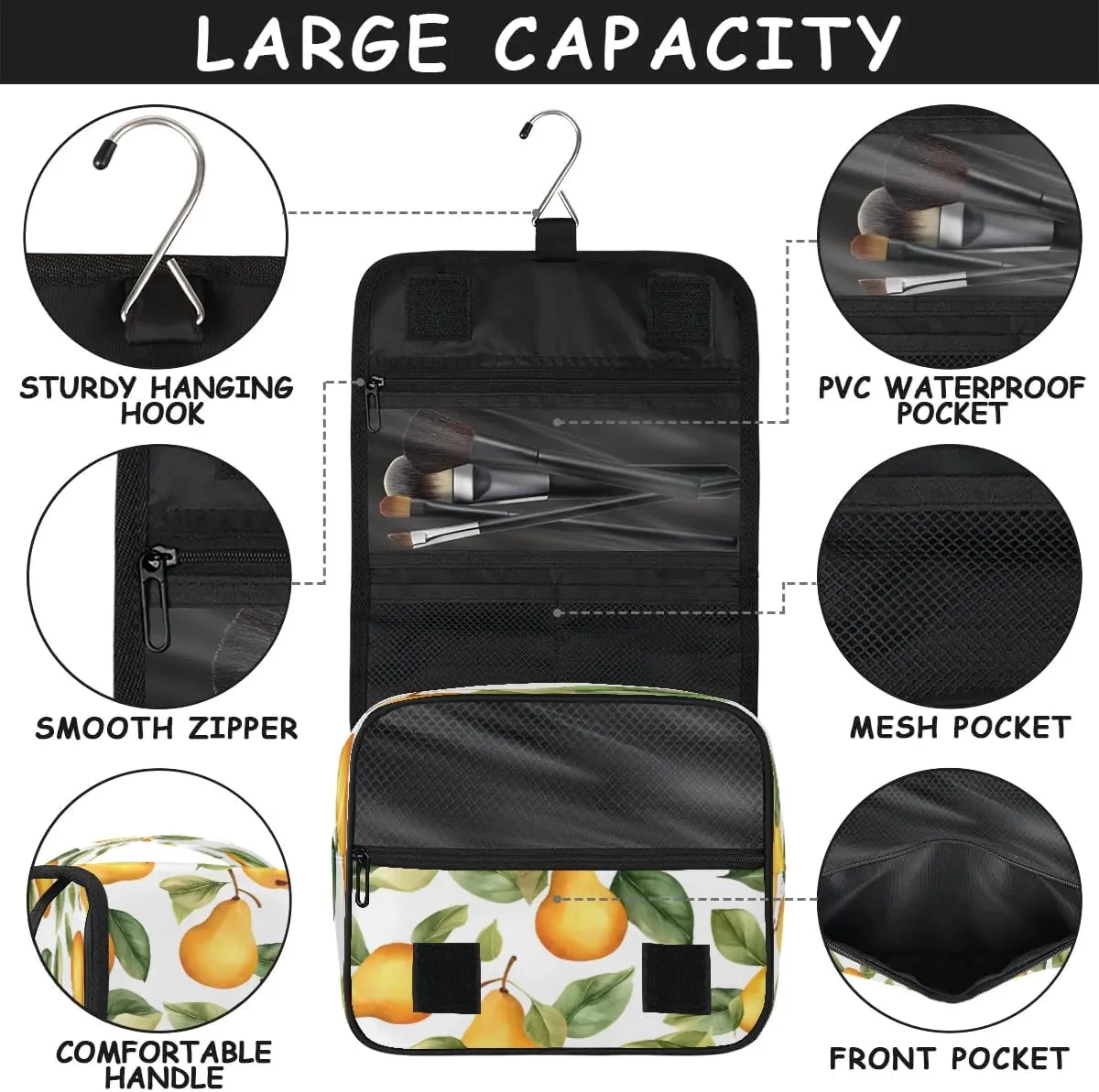 Hanging Travel Toiletry Bag Pears Print Toiletry Bags with Hanging Hook Portable Cosmetic Bag Makeup Organizer for Travel Business Trip
