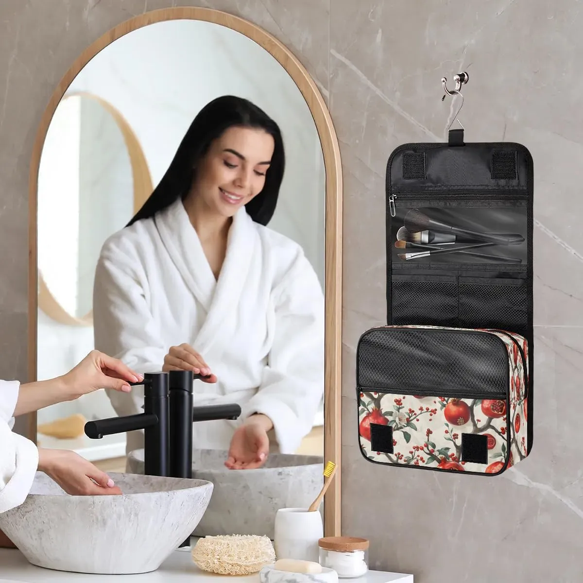Hanging Travel Toiletry Bag Pomegranate Tree Toiletry Bags with Hanging Hook Portable Cosmetic Bag Makeup Organizer for Travel Business Trip