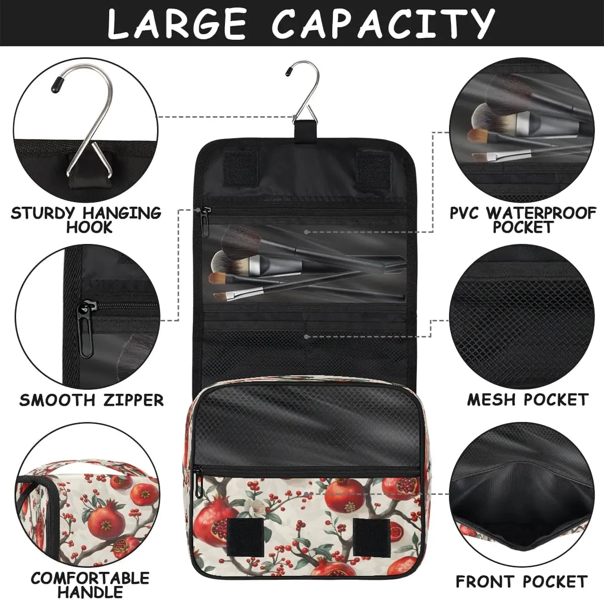 Hanging Travel Toiletry Bag Pomegranate Tree Toiletry Bags with Hanging Hook Portable Cosmetic Bag Makeup Organizer for Travel Business Trip