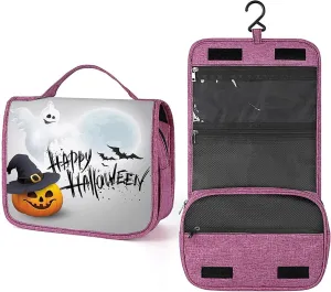 Happy Halloween Theme,Toiletry Bag for Women,Ghost Pumpkin Hat with Shadow,Water-resistant Hanging Bathroom Travel Makeup Organizer,Cosmetic Case Traveling,Black Orange Grey
