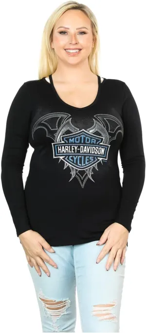 Harley-Davidson Women's Dulce Detail V-Neck Longsleeve Tee Shirt, Blk