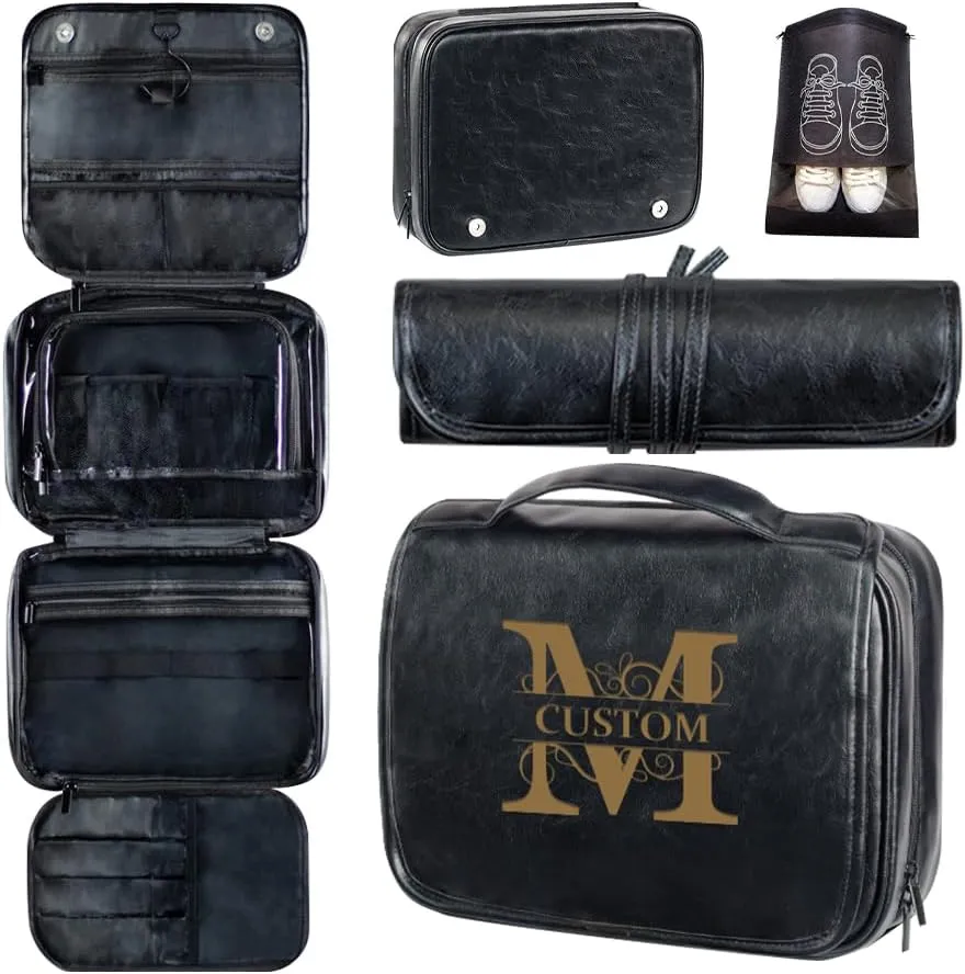 HDSD Custom Men‘s 3-in-1 PU Leather Toiletry Bag Personalized Hanging Travel Organizer Bag for Father Husband Boyfriend (Black)