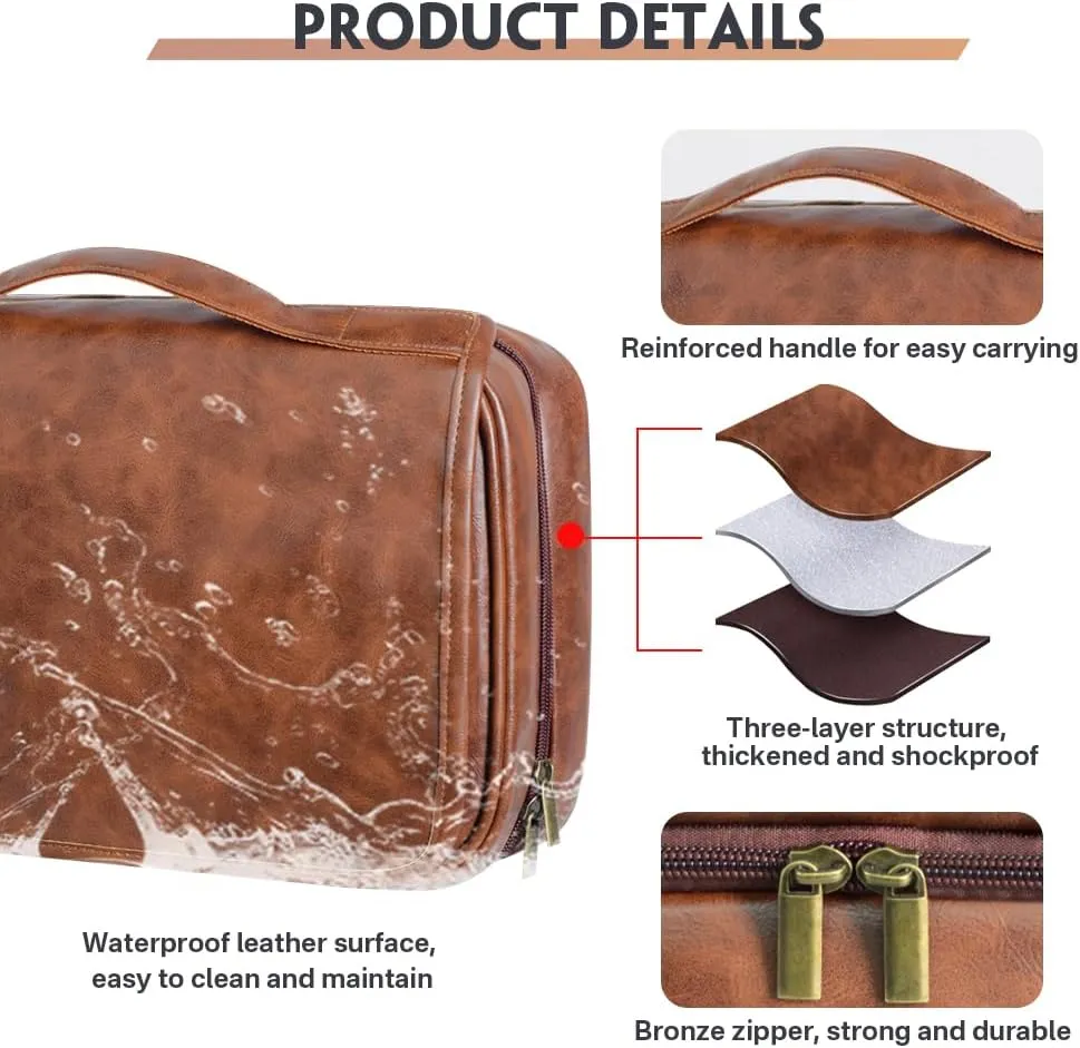 HDSD Custom Men‘s 3-in-1 PU Leather Toiletry Bag Personalized Hanging Travel Organizer Bag for Father Husband Boyfriend (Black)
