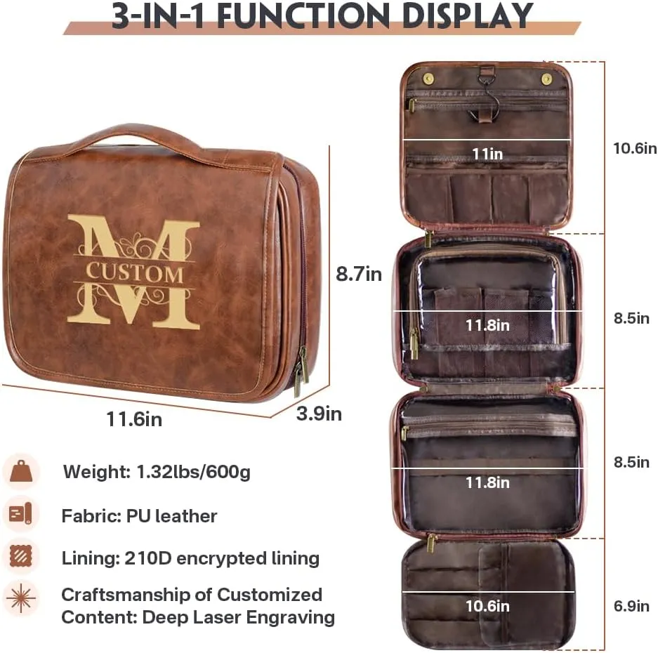 HDSD Custom Men‘s 3-in-1 PU Leather Toiletry Bag Personalized Hanging Travel Organizer Bag for Father Husband Boyfriend (Black)