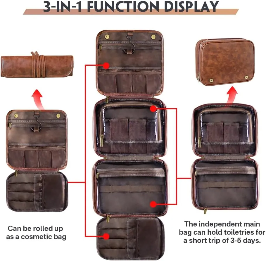 HDSD Custom Men‘s 3-in-1 PU Leather Toiletry Bag Personalized Hanging Travel Organizer Bag for Father Husband Boyfriend (Black)