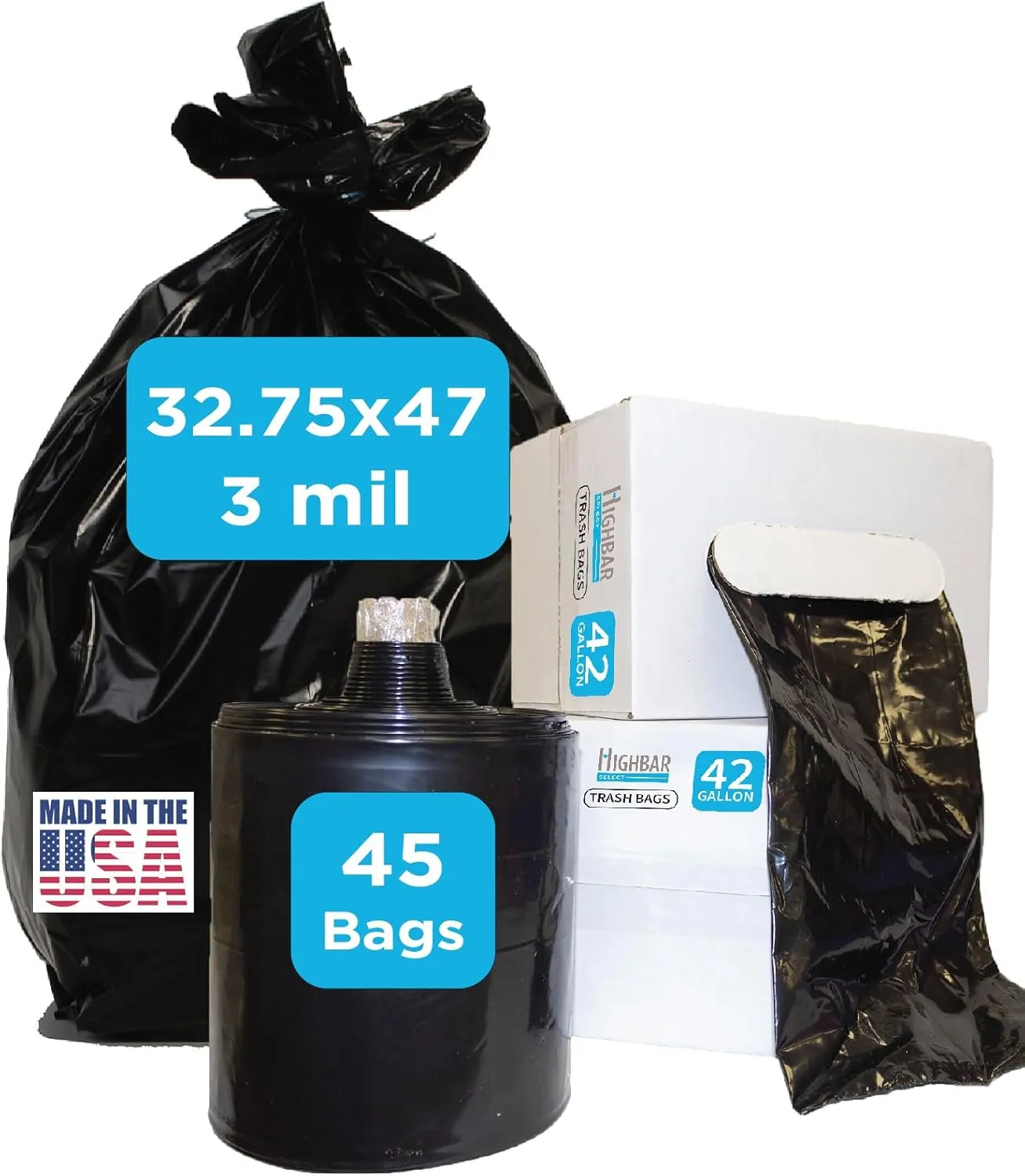 Heavy Duty Contractor Bags, 42 Gallon, 32.75" X 47" - 3 MIL Thick Large Black Industrial Garbage Trashbags (No Ears) for Construction and Commercial use (No Ties)