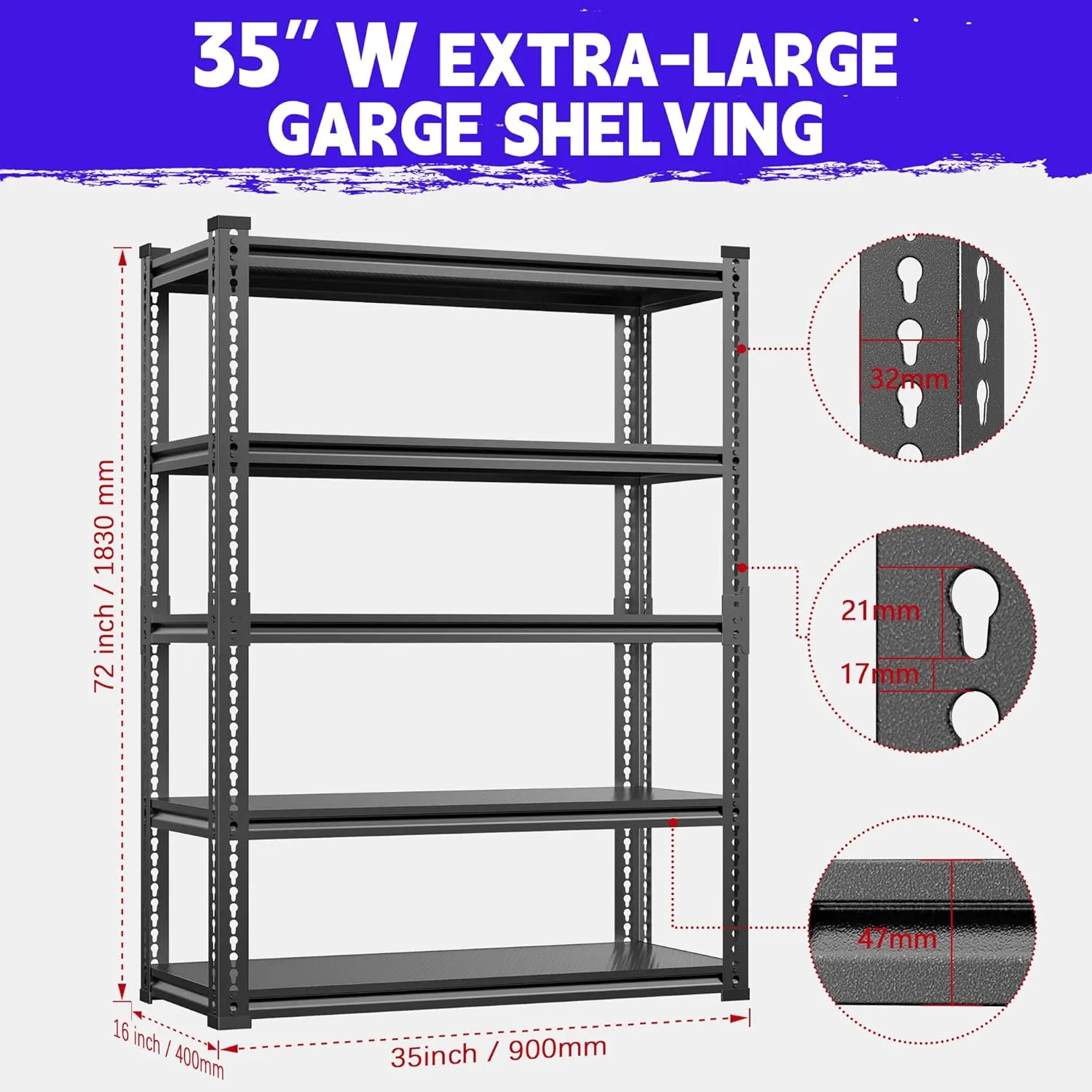 Heavy-Duty Garage Shelving Unit, 3000 lbs Load Capacity, 5-Tier Aluminum Metal Garage Storage Shelf, Adjustable Industrial Storage Rack for Basement and Workshop(1,72" H X 35.5" L X 16" D)