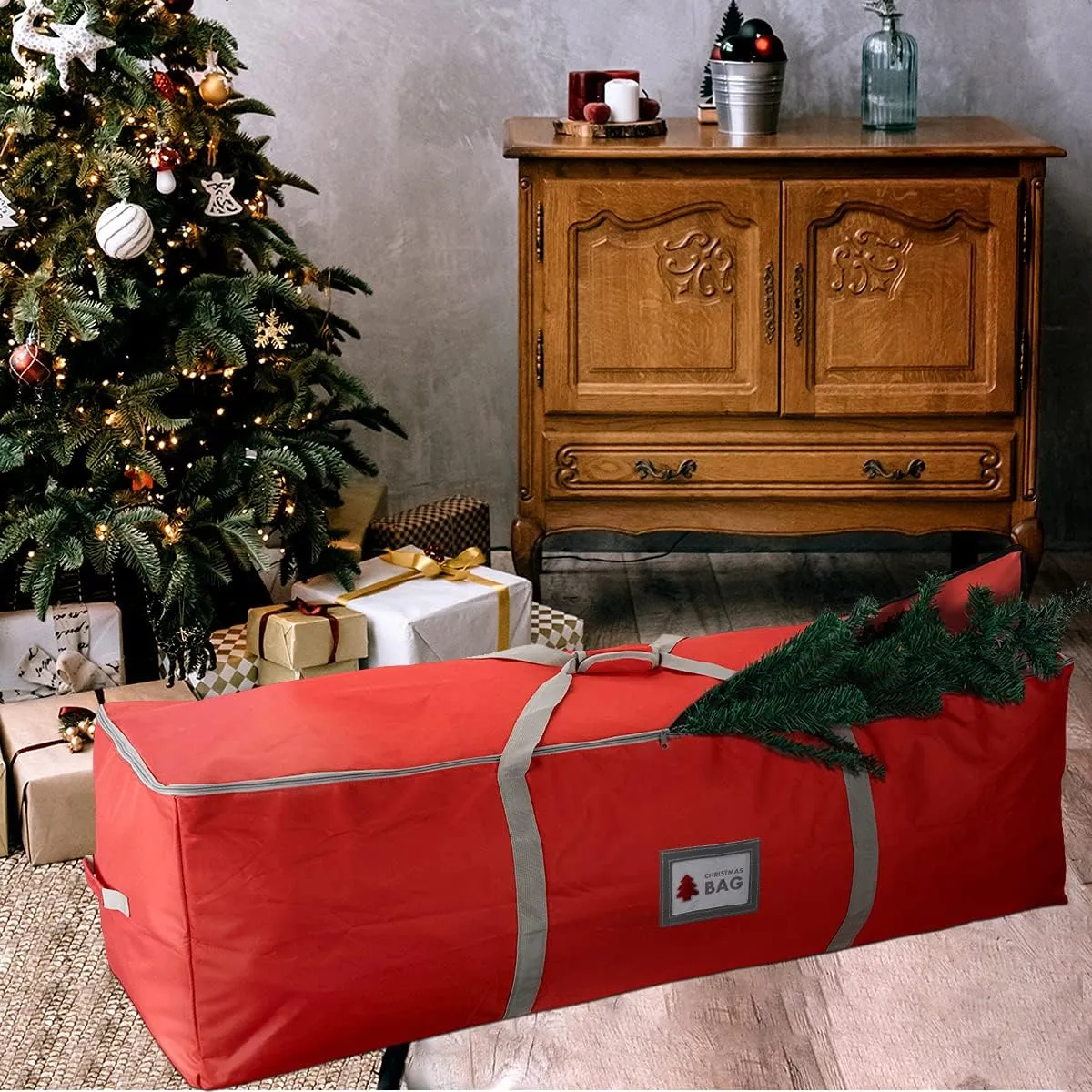 Heavy Duty Oxford Christmas Tree Storage Bag with Extra Padded Handles| Waterproof Oxford Artificial Tree Storage Bag | 51" L x 16" W x 16" H, ID Card Included (Red)
