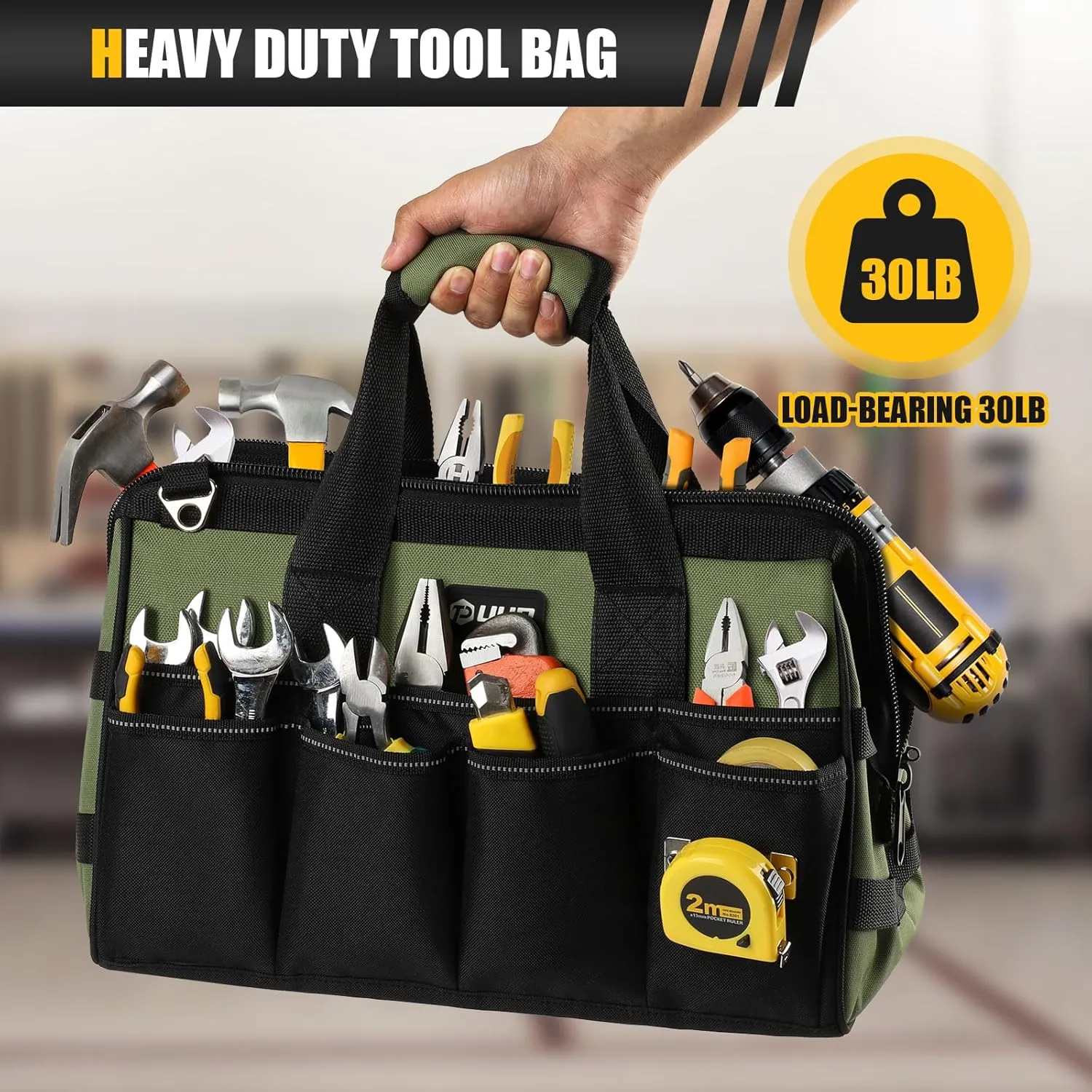 Heavy Duty Tool Bag 15-Inch, 16-Pocket Portable Empty Tool Box Organizer Storage, Toolbox Organization, Soft Handle Carrying Toolbag with Large Zipper, Father Day Dad Men Mechanic Birthday Gift