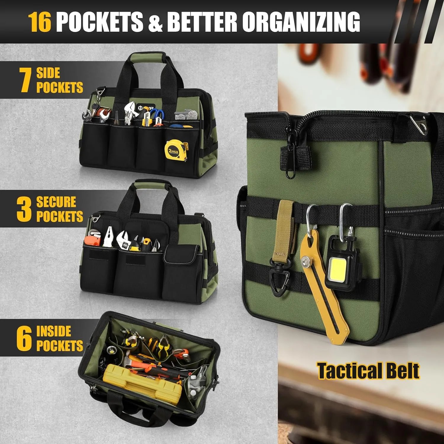 Heavy Duty Tool Bag 15-Inch, 16-Pocket Portable Empty Tool Box Organizer Storage, Toolbox Organization, Soft Handle Carrying Toolbag with Large Zipper, Father Day Dad Men Mechanic Birthday Gift