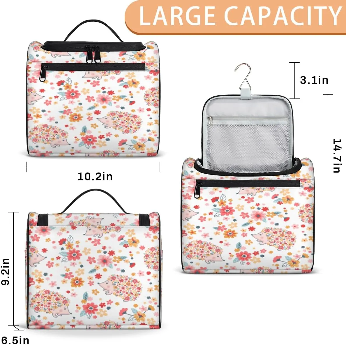 Hedgehogs Pattern Hanging Toiletry Bag for Men Women Travel Cosmetic Makeup Organizer Bag Water Resistant Large Portable Wash Case for Accessories, Toiletries, Cosmetics