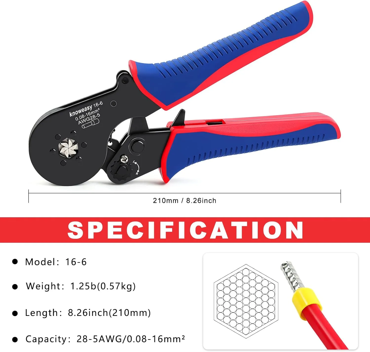 Hexagonal Ferrule Crimper,Knoweasy 16-6 Ferrules Crimp Tool and Hexagonal Wire Ferrule Crimper Used for 28-5 AWG/0.5-16mm² Cable End Sleeves