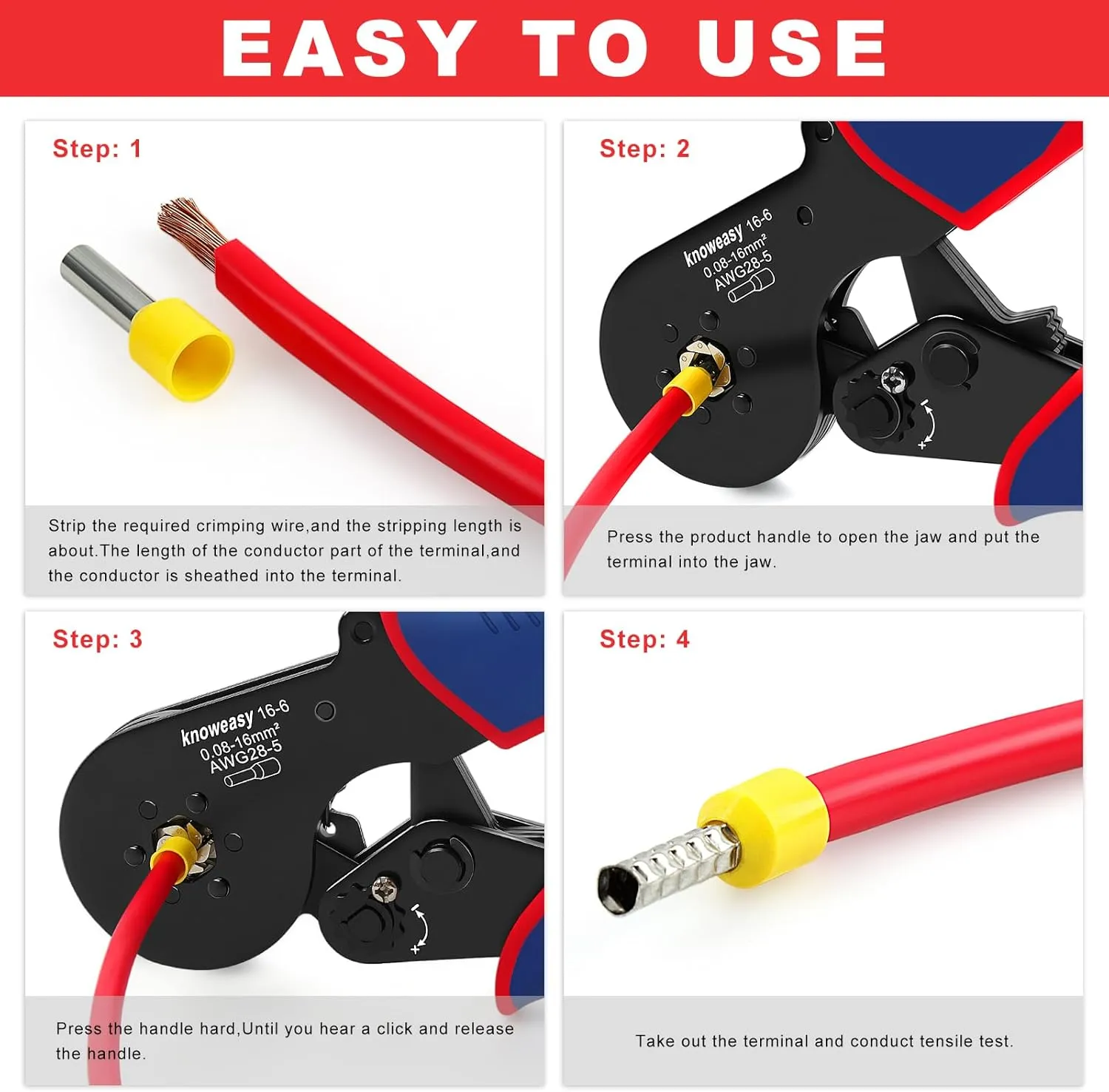 Hexagonal Ferrule Crimper,Knoweasy 16-6 Ferrules Crimp Tool and Hexagonal Wire Ferrule Crimper Used for 28-5 AWG/0.5-16mm² Cable End Sleeves