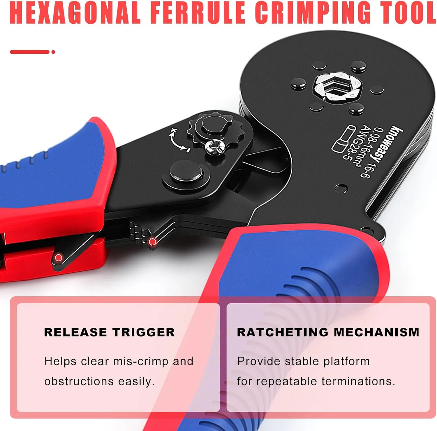 Hexagonal Ferrule Crimper,Knoweasy 16-6 Ferrules Crimp Tool and Hexagonal Wire Ferrule Crimper Used for 28-5 AWG/0.5-16mm² Cable End Sleeves