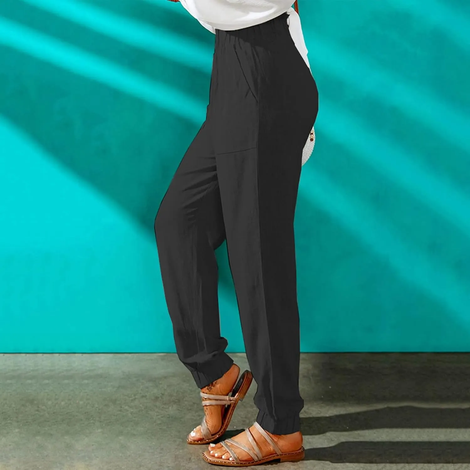HGps8w Paperbag Summer Linen Pants for Women Elastic High Waist Tapered Pants Business Casual Work Trousers with Pockets