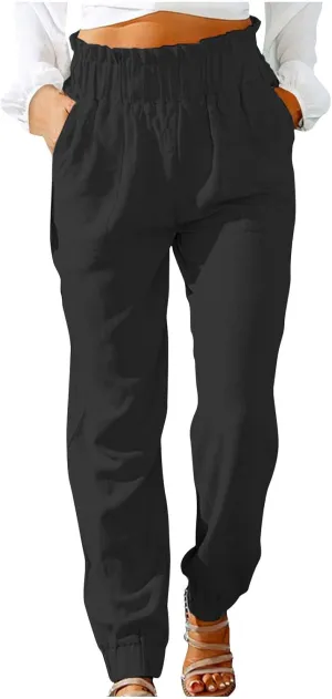 HGps8w Paperbag Summer Linen Pants for Women Elastic High Waist Tapered Pants Business Casual Work Trousers with Pockets