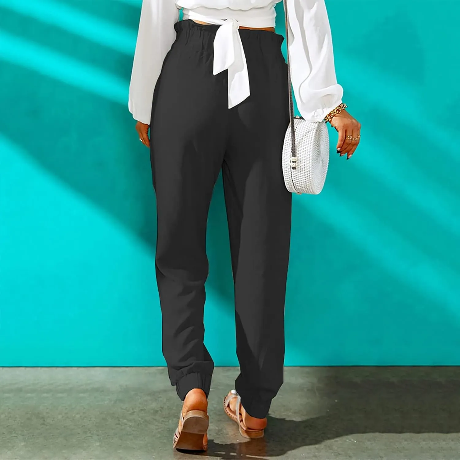 HGps8w Paperbag Summer Linen Pants for Women Elastic High Waist Tapered Pants Business Casual Work Trousers with Pockets