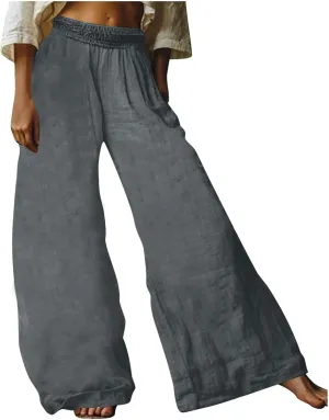 HGps8w Women's Summer Cotton Linen Loose Palazzo Pants Boho Trendy Wide Leg High Waisted Lounge Trousers with Pockets