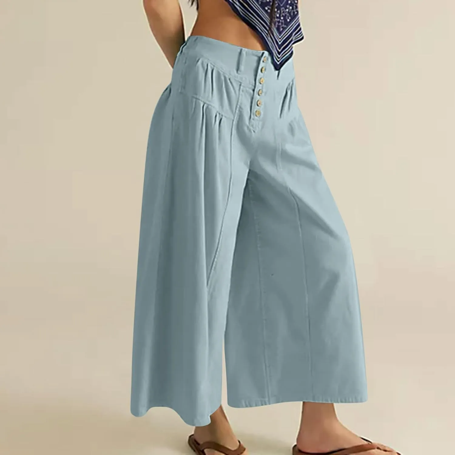 HGps8w Women's Summer Loose Linen Wide Leg Palazzo Pants Trendy Pleated High Waisted Lounge Beach Trousers with Pockets
