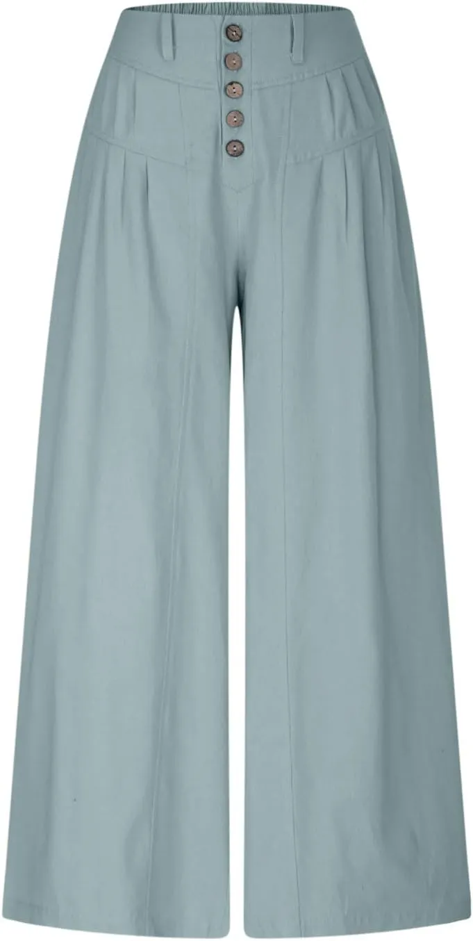 HGps8w Women's Summer Loose Linen Wide Leg Palazzo Pants Trendy Pleated High Waisted Lounge Beach Trousers with Pockets