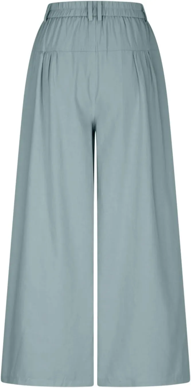 HGps8w Women's Summer Loose Linen Wide Leg Palazzo Pants Trendy Pleated High Waisted Lounge Beach Trousers with Pockets