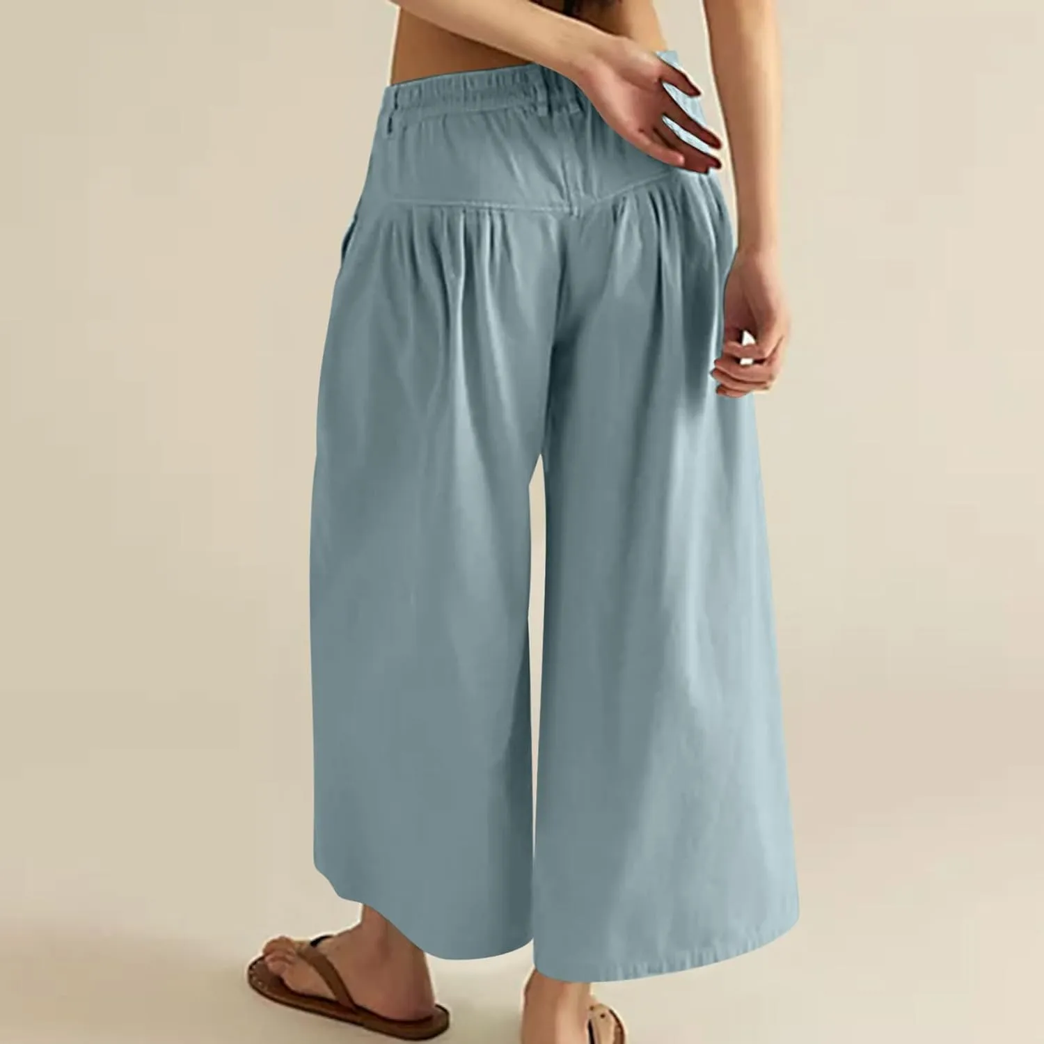 HGps8w Women's Summer Loose Linen Wide Leg Palazzo Pants Trendy Pleated High Waisted Lounge Beach Trousers with Pockets