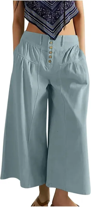 HGps8w Women's Summer Loose Linen Wide Leg Palazzo Pants Trendy Pleated High Waisted Lounge Beach Trousers with Pockets