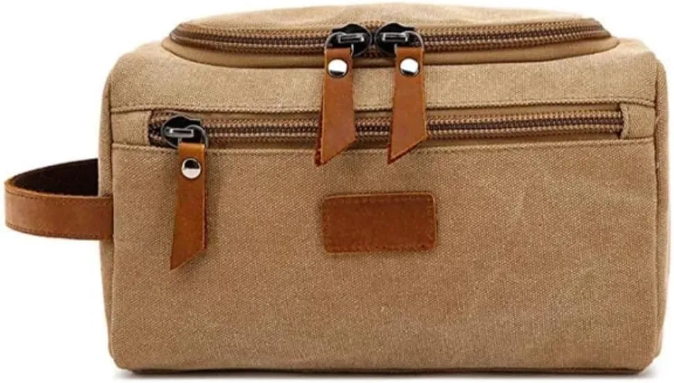 Hide&Haven Waxed Canvas Toiletry and Cosmetics Bag, Unisex (Khaki)