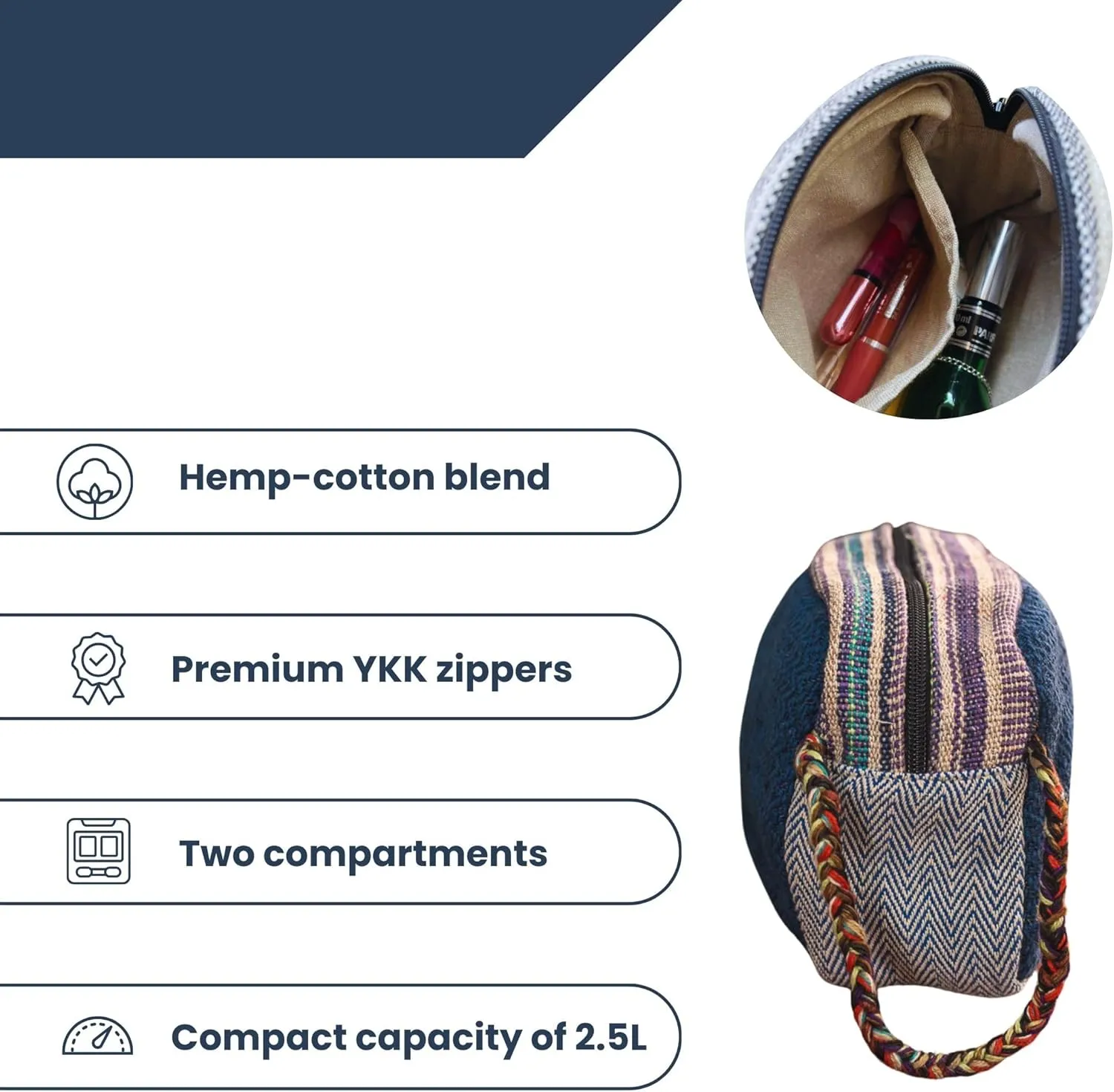 Himalayan Hemp Toiletry Kit – Natural Hemp Travel Pouch with Spacious Storage, Dual Zipper Compartments, Soft Cotton Lining