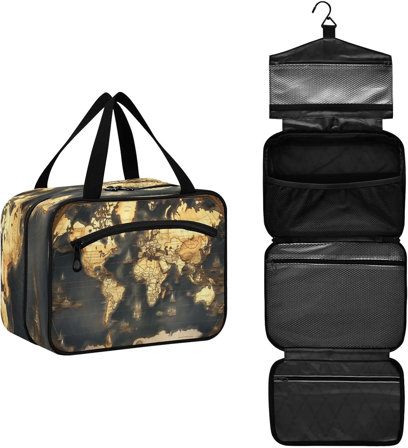 Historic World Map Toiletry Bag, Large Waterproof Hanging Travel Makeup Organizer Bag, Portable Travel Cosmetic Bag with Handle for Women and Men, Medium