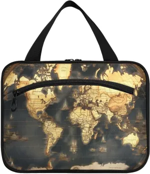 Historic World Map Toiletry Bag, Large Waterproof Hanging Travel Makeup Organizer Bag, Portable Travel Cosmetic Bag with Handle for Women and Men, Medium
